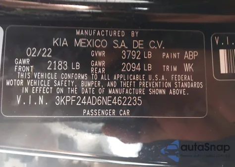 2022 Kia Forte Lxs z USA, uszkodzony, nr VIN 3KPF24AD6NE462235